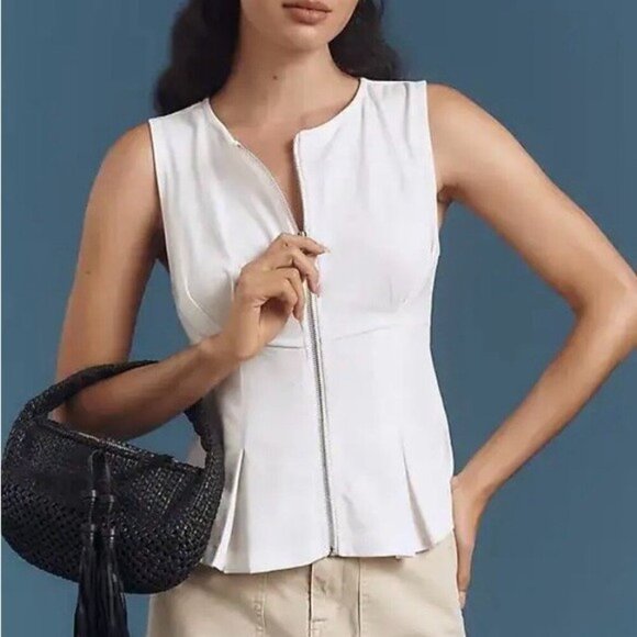 Anthropologie Tops - Anthropologie White Sleeveless Zip-Front Peplum Top